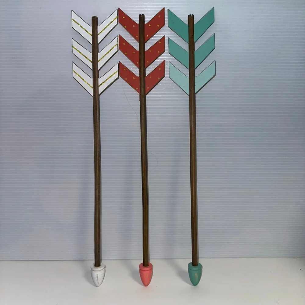 Set of 3 Decorative Arrows Salmon, Pink, Teal with Gold Accents Home Decor